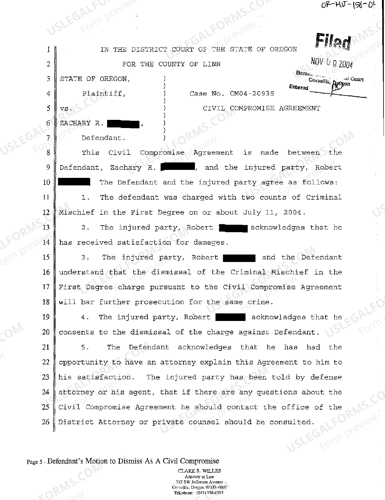Oregon Civil Compromise Agreement Civil Compromise Oregon US Legal