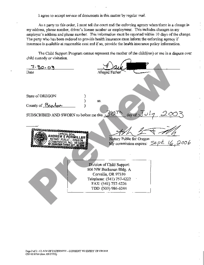 Preview A06 Claim of Paternity - Consent to Entry of Order