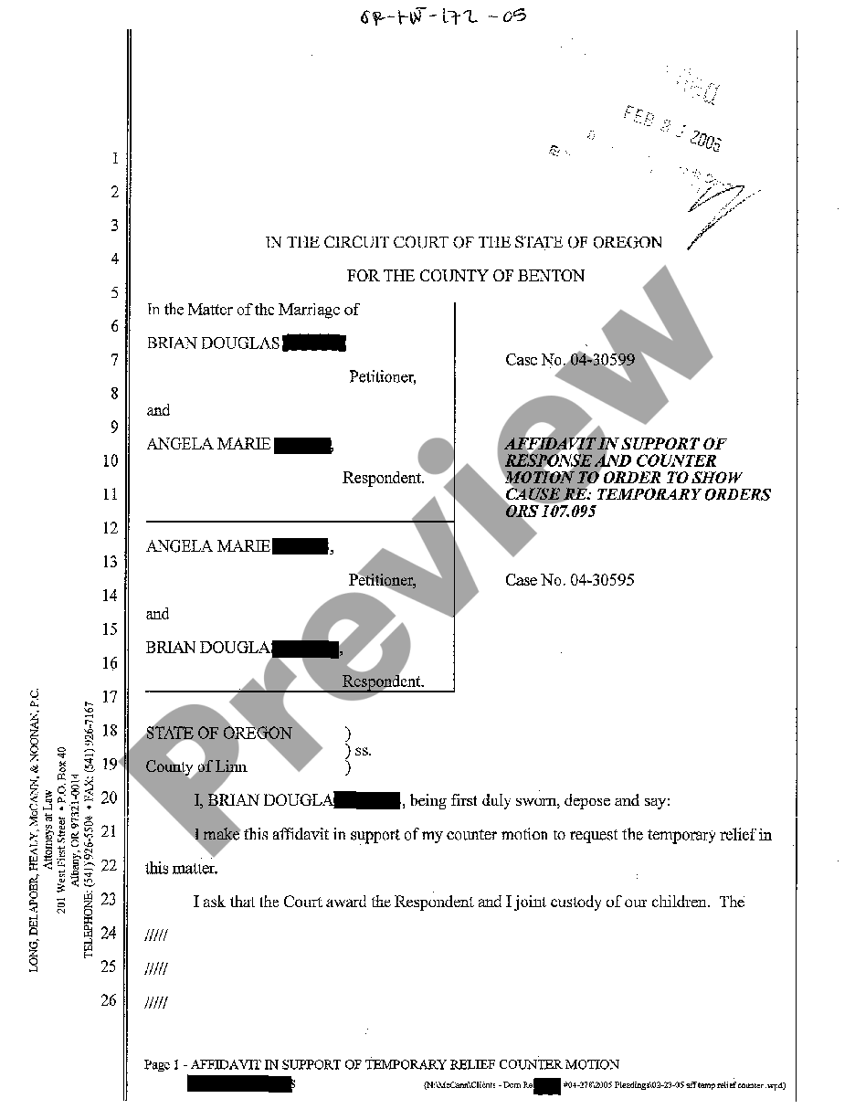 Oregon Affidavit In Support Of Response And Counter Motion To Order To ...