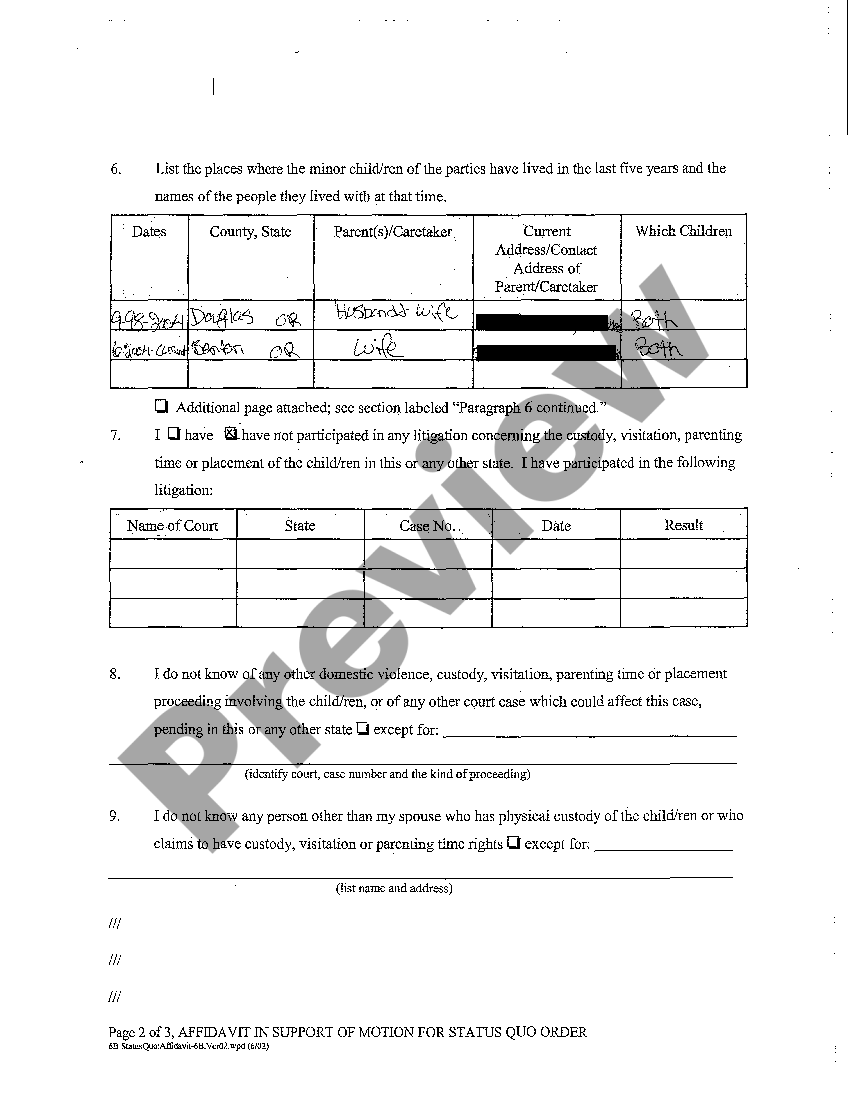 Oregon Affidavit in Support of Motion for Status Quo Order Status Quo