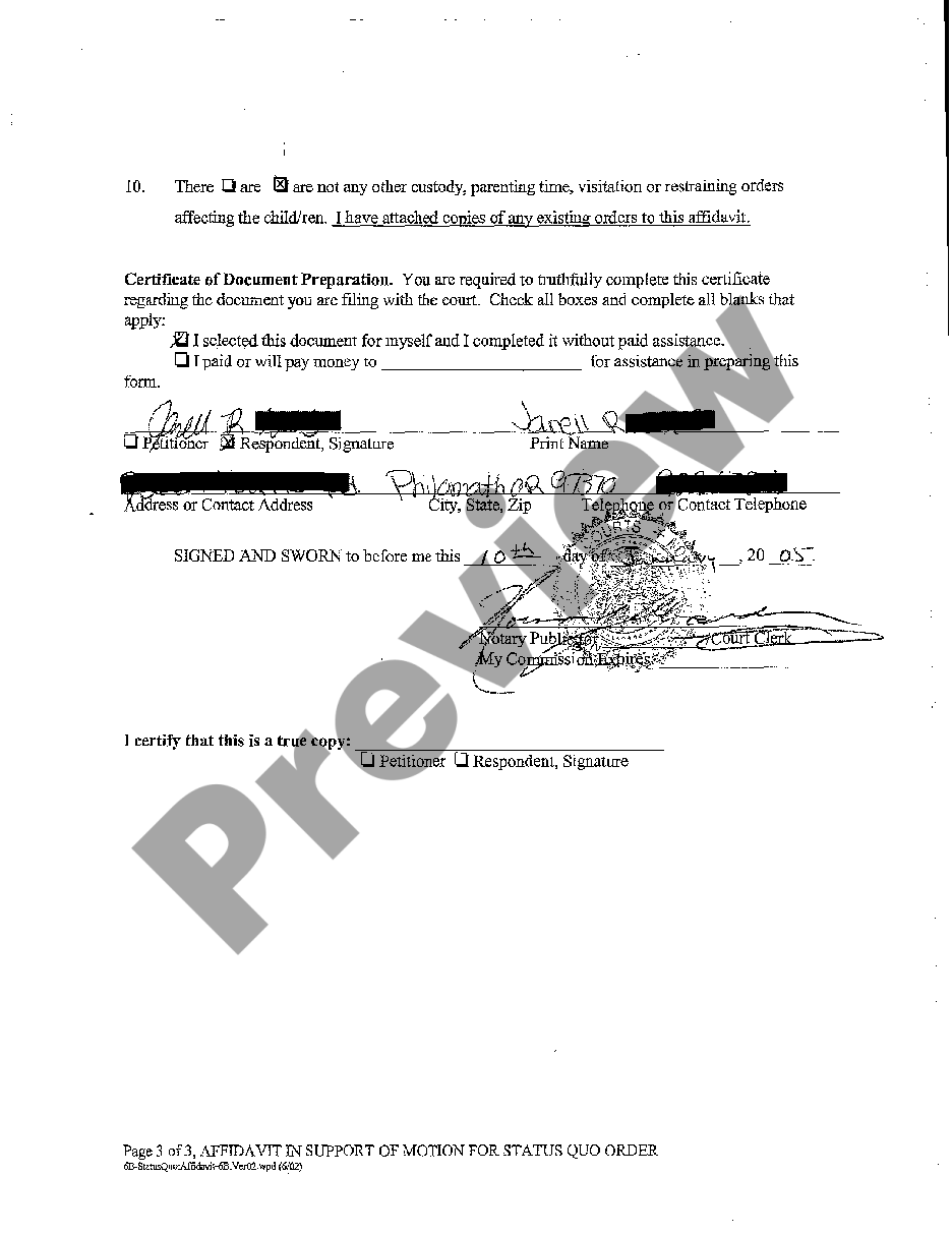 Oregon Affidavit in Support of Motion for Status Quo Order - Status Quo ...