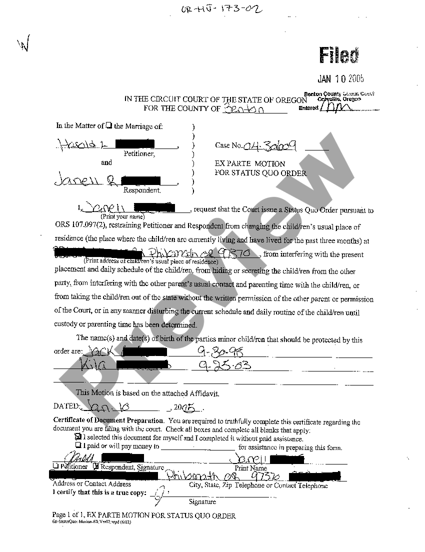 Oregon Ex Parte Motion for Status Quo Order Status Quo Legal