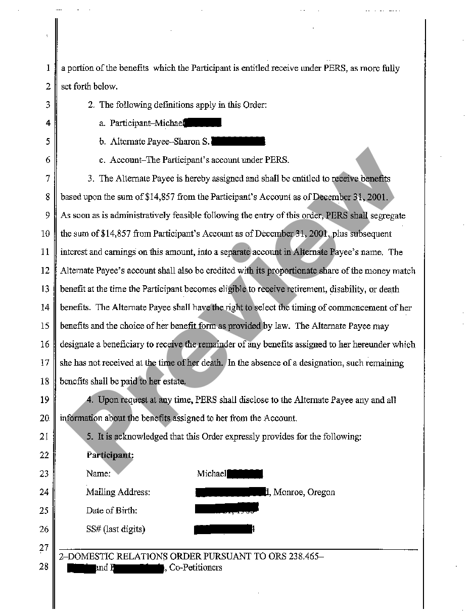 Oregon Domestic Relations Order Dividing Husband's PERS Account ...