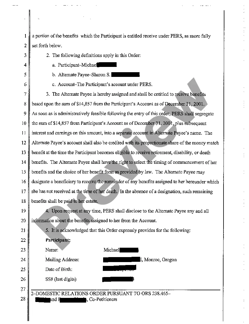 Preview A03 Domestic Relations Order Dividing Husband's PERS Account Pursuant to ORS 238.465