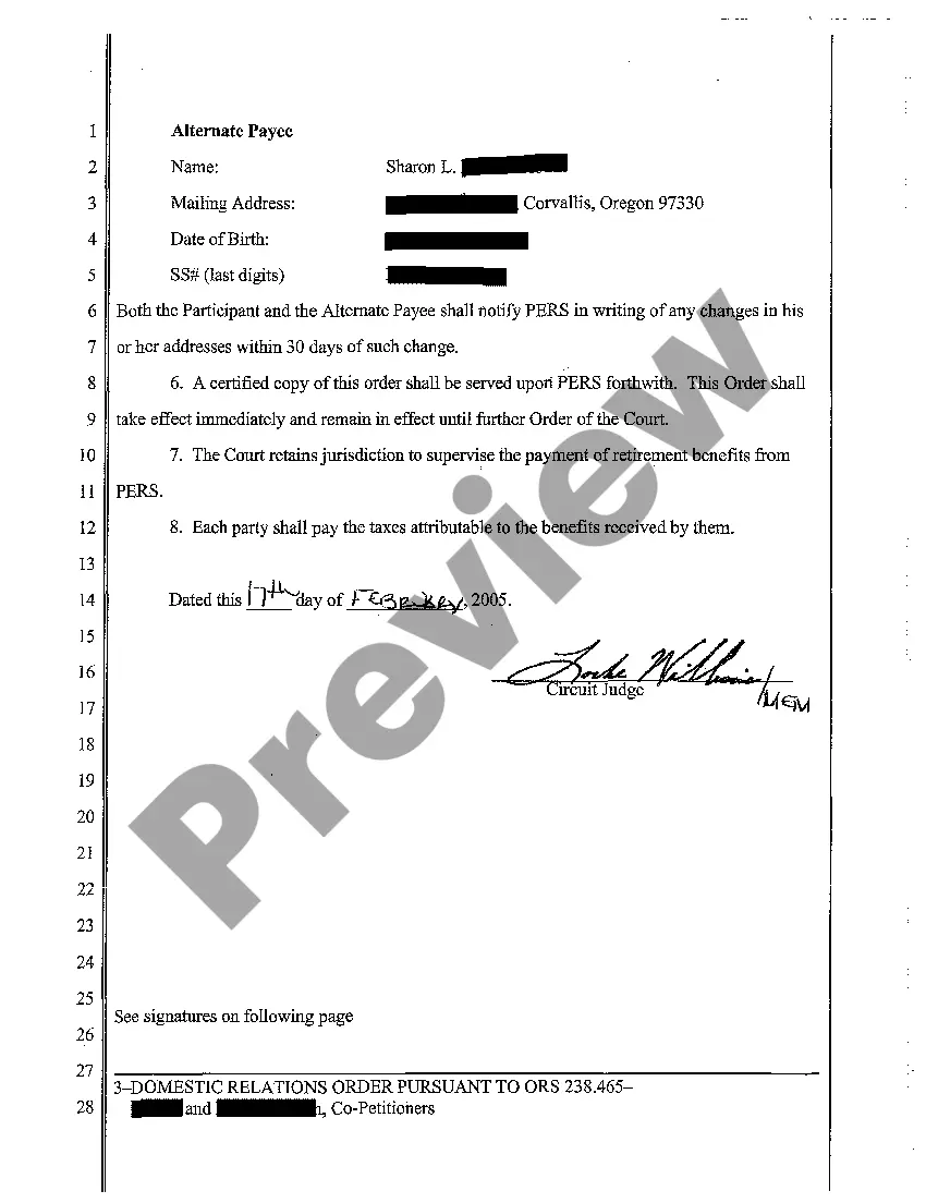 Preview A03 Domestic Relations Order Dividing Husband's PERS Account Pursuant to ORS 238.465