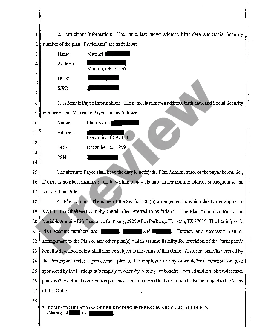 Preview A04 Domestic Relations Order Dividing Interest in Aig Valic Accounts