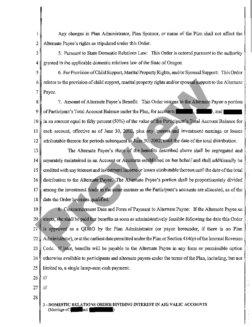 Preview A04 Domestic Relations Order Dividing Interest in Aig Valic Accounts