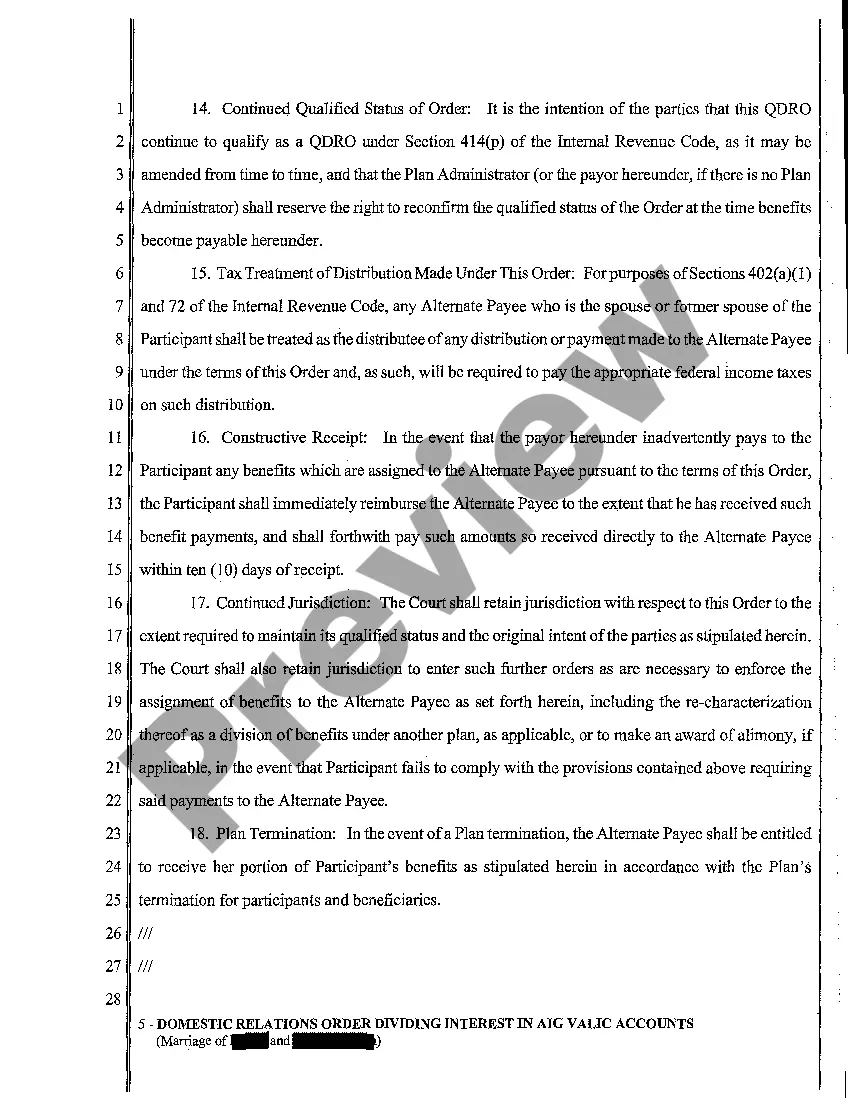 Preview A04 Domestic Relations Order Dividing Interest in Aig Valic Accounts