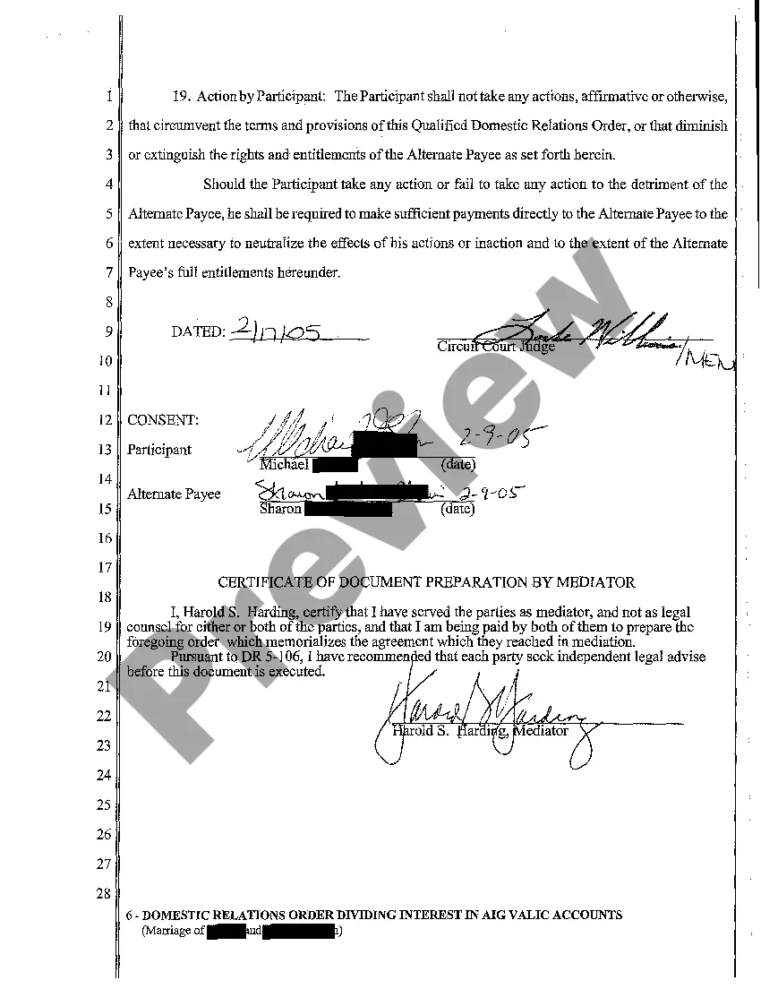 Preview A04 Domestic Relations Order Dividing Interest in Aig Valic Accounts