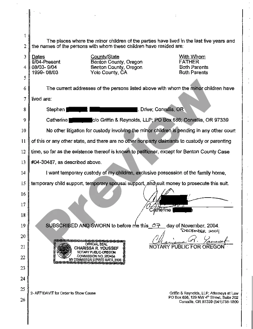 Preview A02 Affidavit in Support of Ex Parte Motion for Order to Show Cause regarding Temporary Relief ORS 107.095