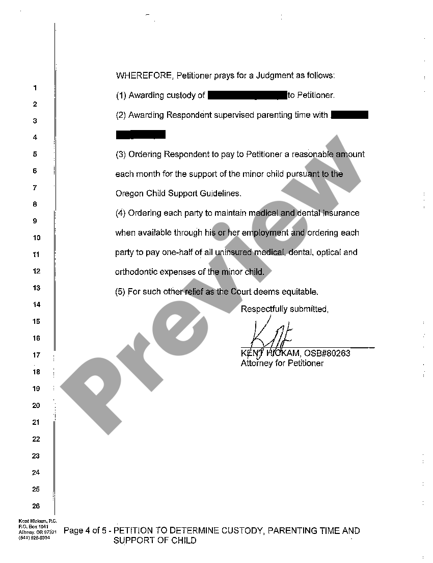 Oregon Petition to Determine Custody, Parenting Time and Support of