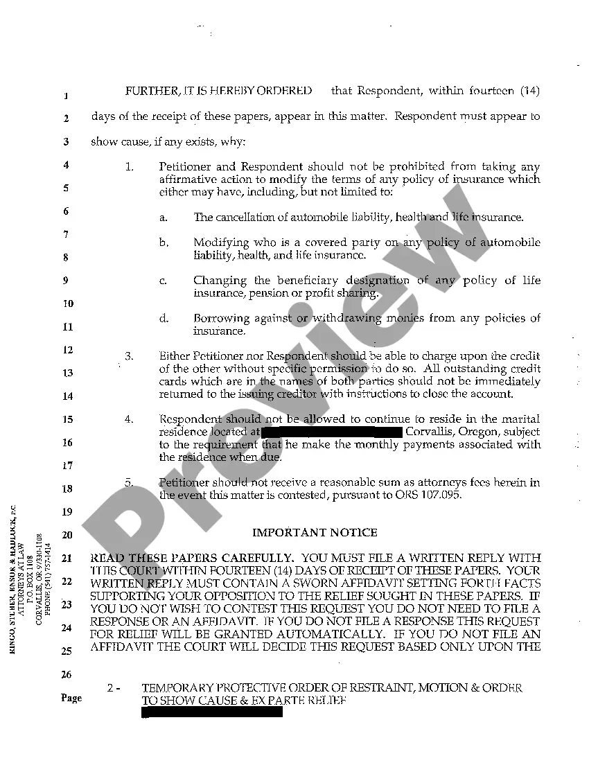 Preview A04 Temporary Protective Order of Restraint, Motion and Order to Show Cause and Ex Parte Relief