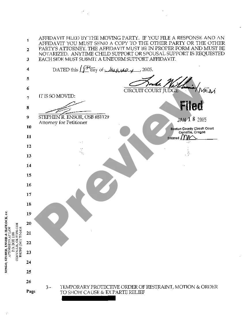 Preview A04 Temporary Protective Order of Restraint, Motion and Order to Show Cause and Ex Parte Relief