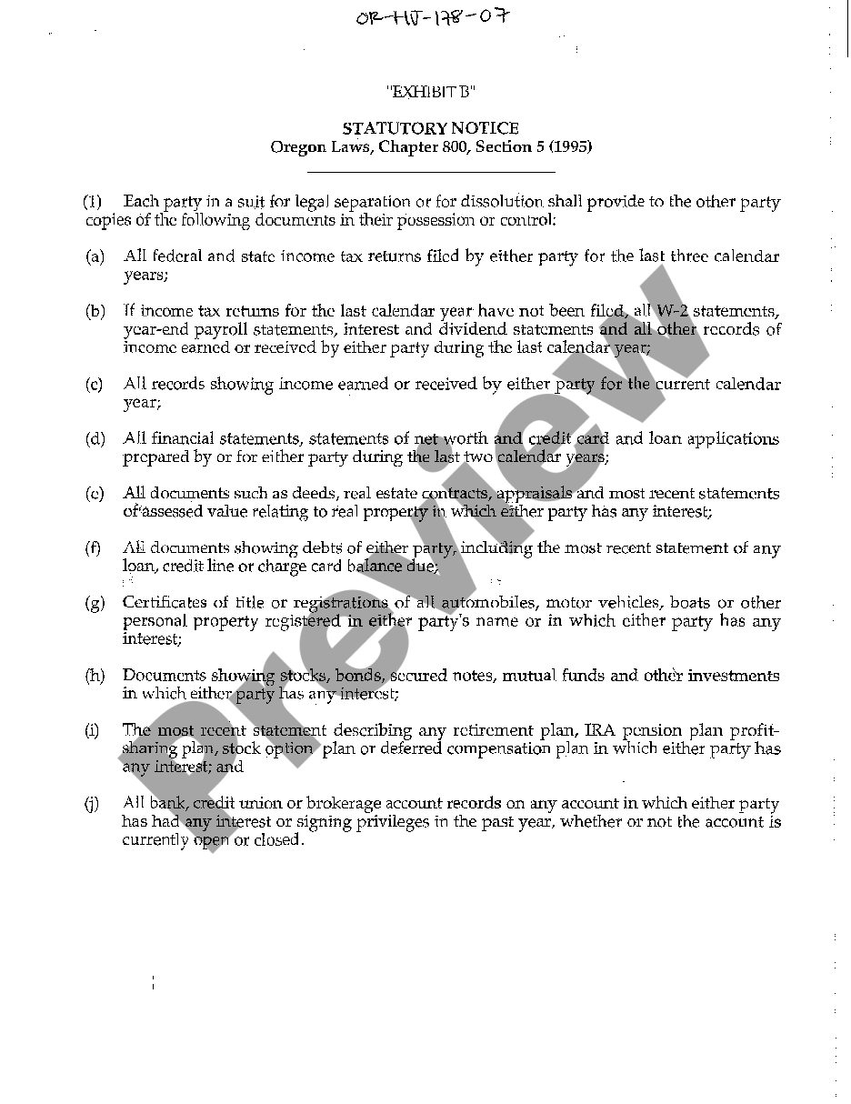 Exhibit "B" Statutory Notice - Oregon Laws Chapter 800, Section 5 (1995 ...