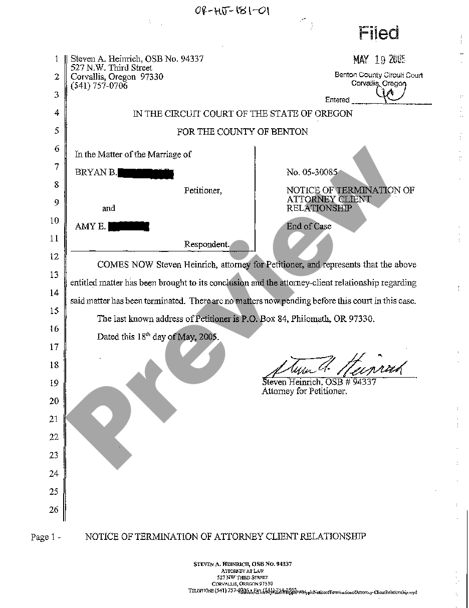 Oregon Notice of Termination of Attorney Client Relationship US Legal