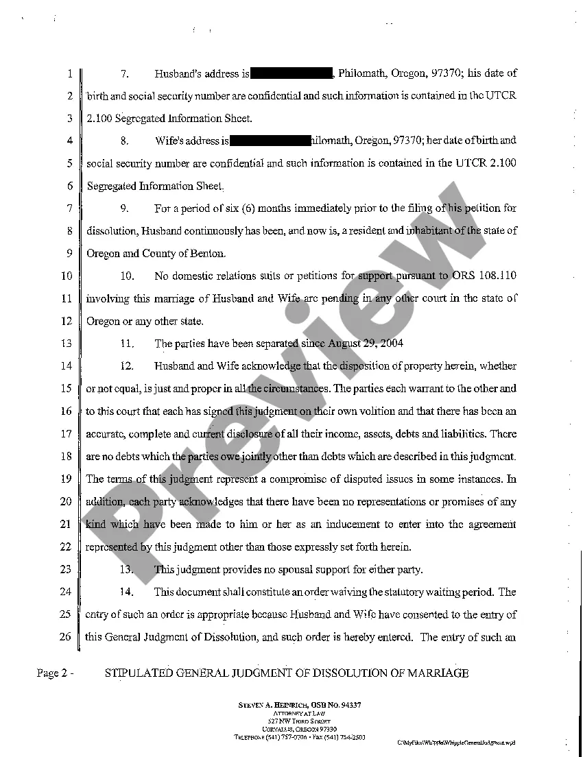 Preview A12 Stipulated General Judgment of Dissolution of Marriage