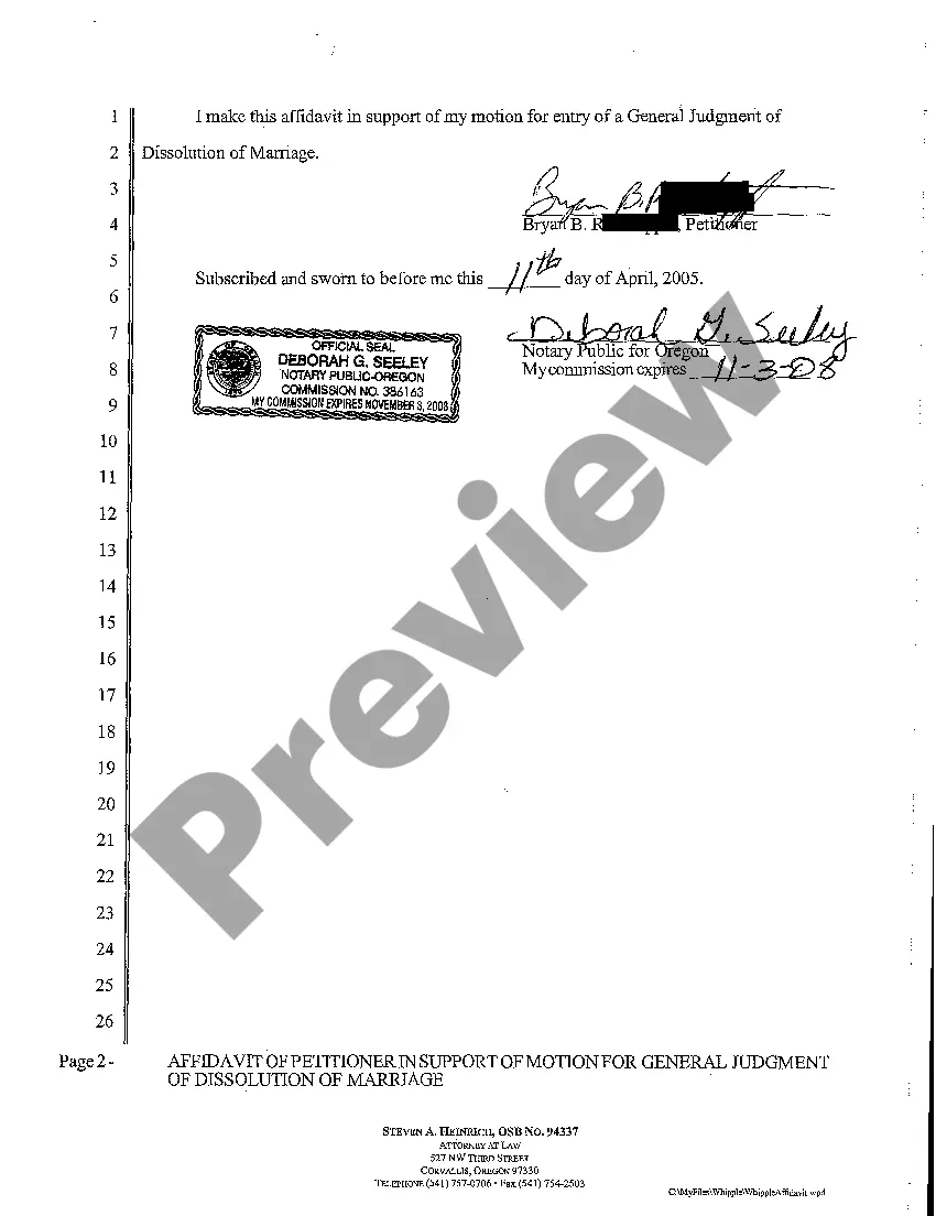 Preview A11 Affidavit of Petitioner in Support of Motion for General Judgment of Dissolution of Marriage