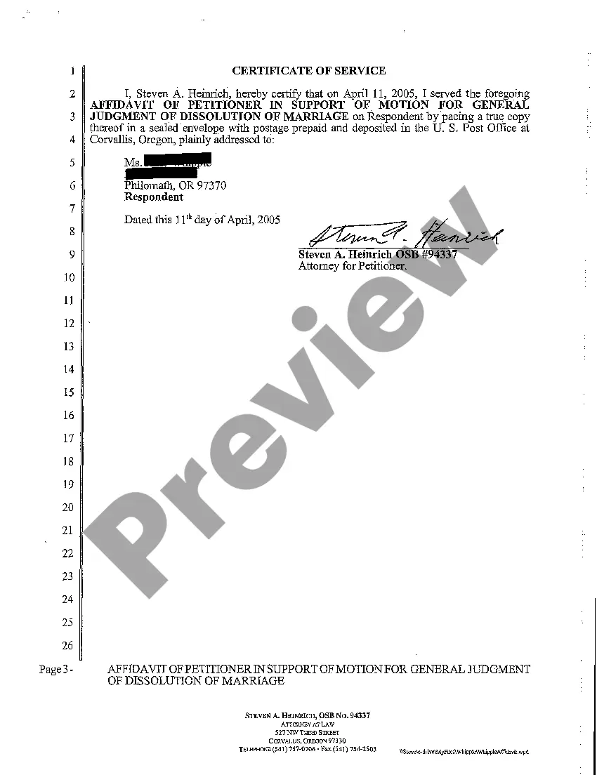 Preview A11 Affidavit of Petitioner in Support of Motion for General Judgment of Dissolution of Marriage