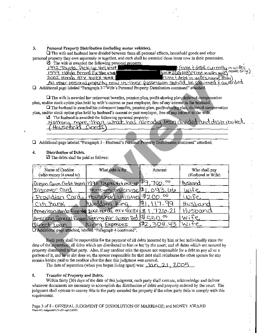 Preview A13 General Judgment of Dissolution of Marriage and Money Award