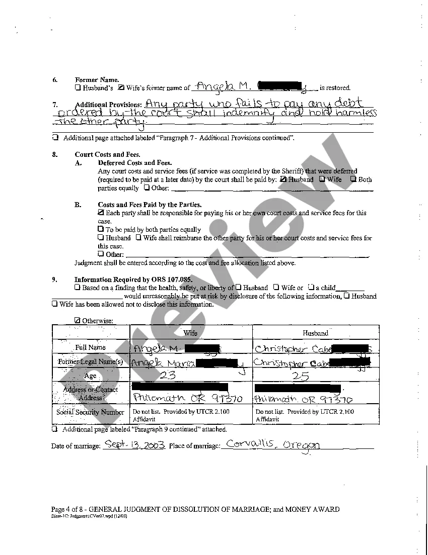 Preview A13 General Judgment of Dissolution of Marriage and Money Award