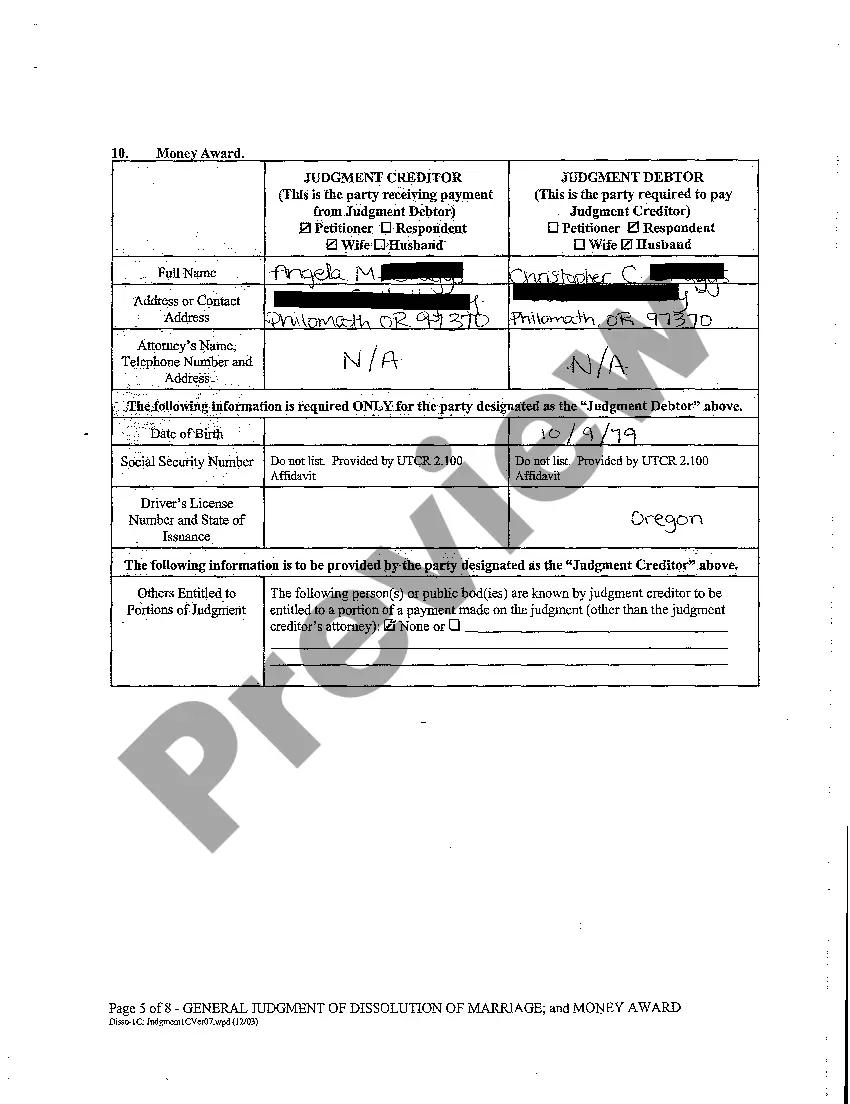 Preview A13 General Judgment of Dissolution of Marriage and Money Award