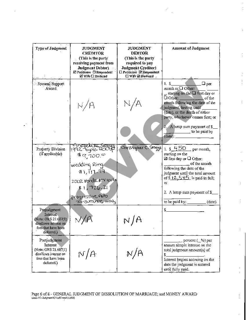 Preview A13 General Judgment of Dissolution of Marriage and Money Award