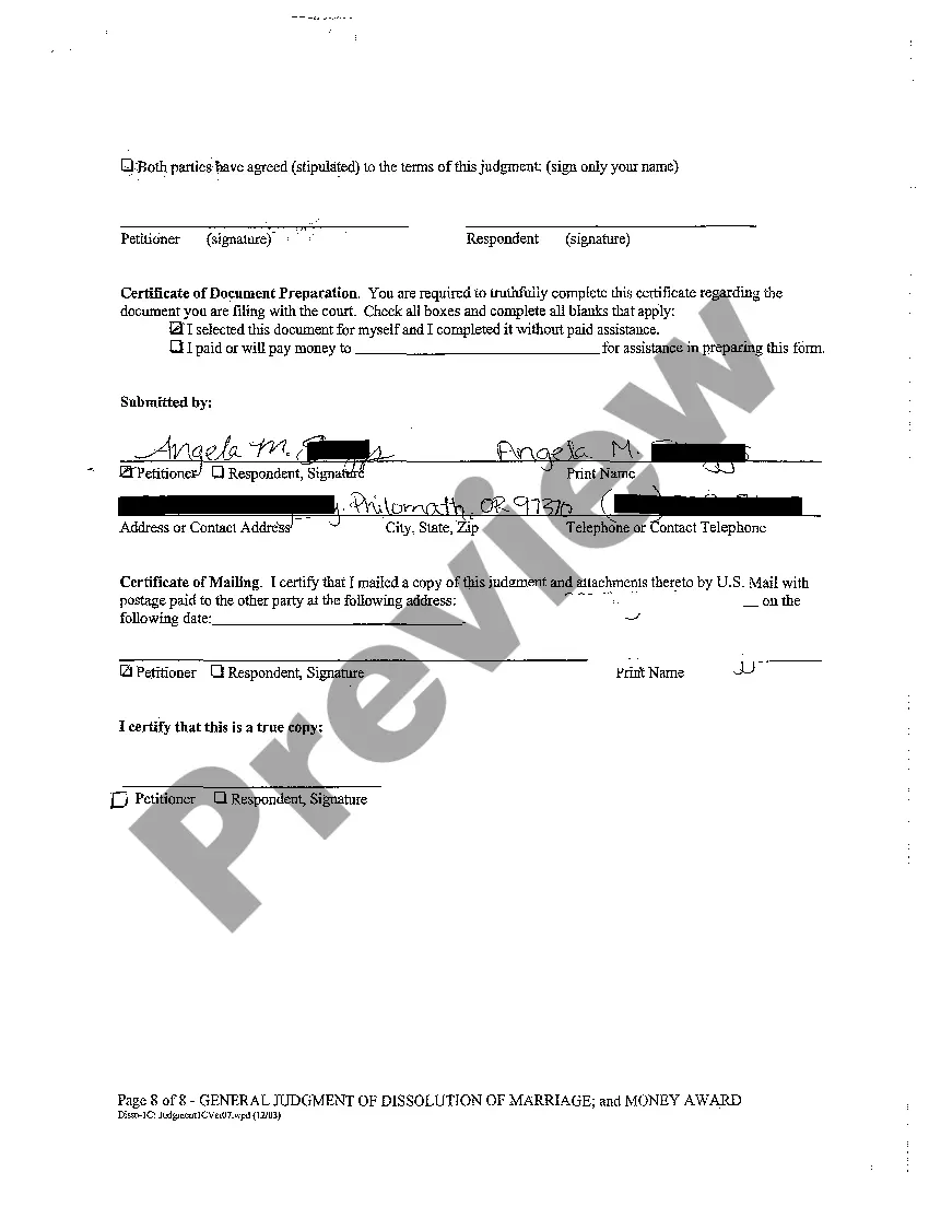 Preview A13 General Judgment of Dissolution of Marriage and Money Award