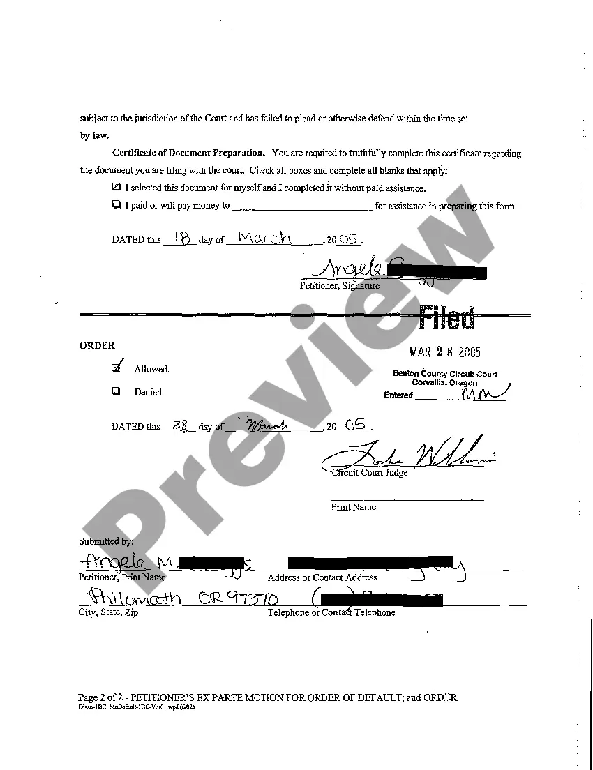 Preview A03 Petition's Ex Parte Motion for Order of Default and Order
