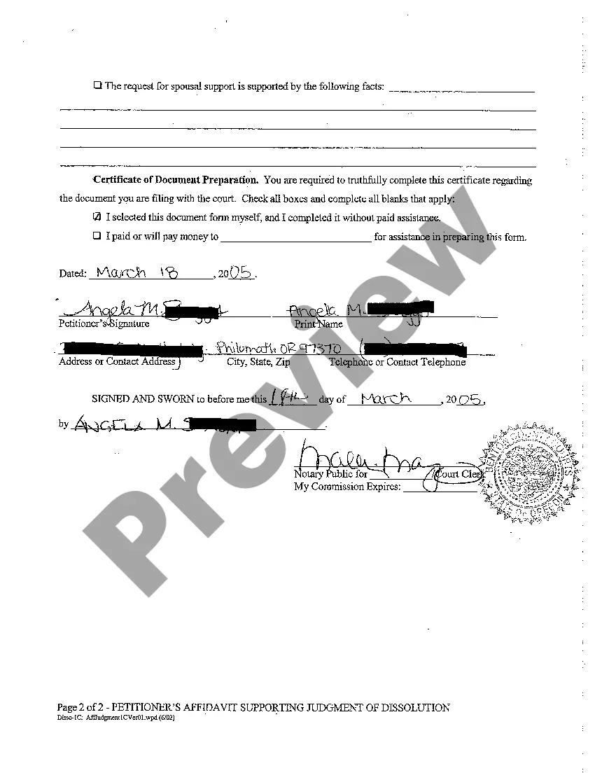 Preview A08 Petitioner's Affidavit Supporting Judgment of Dissolution