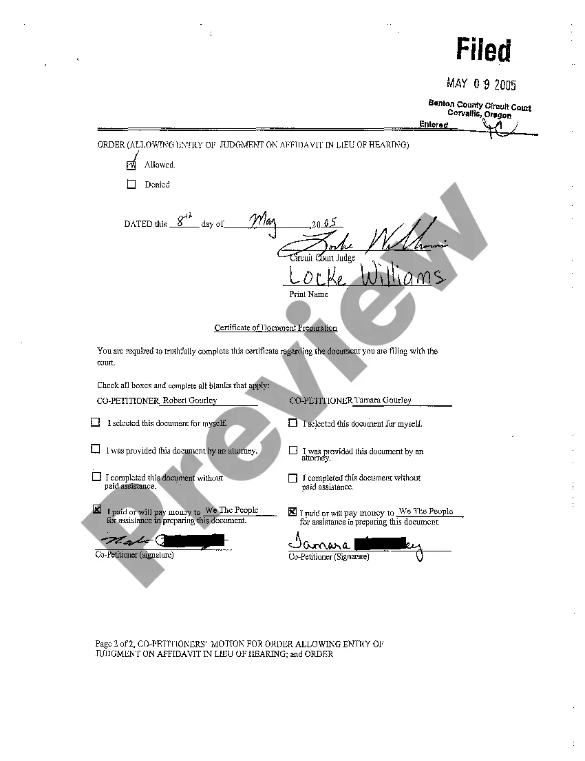 Preview A13 Co-Petitioner's Motion for Order Allowing Entry of Judgment on Affidavit in Lieu of Hearing and Order