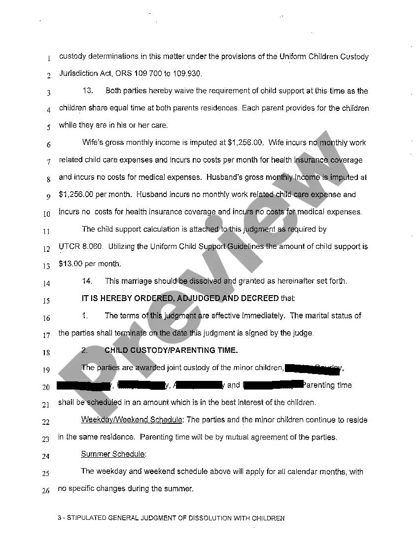 Preview A14 Stipulated General Judgment of Dissolution of Marriage with Children