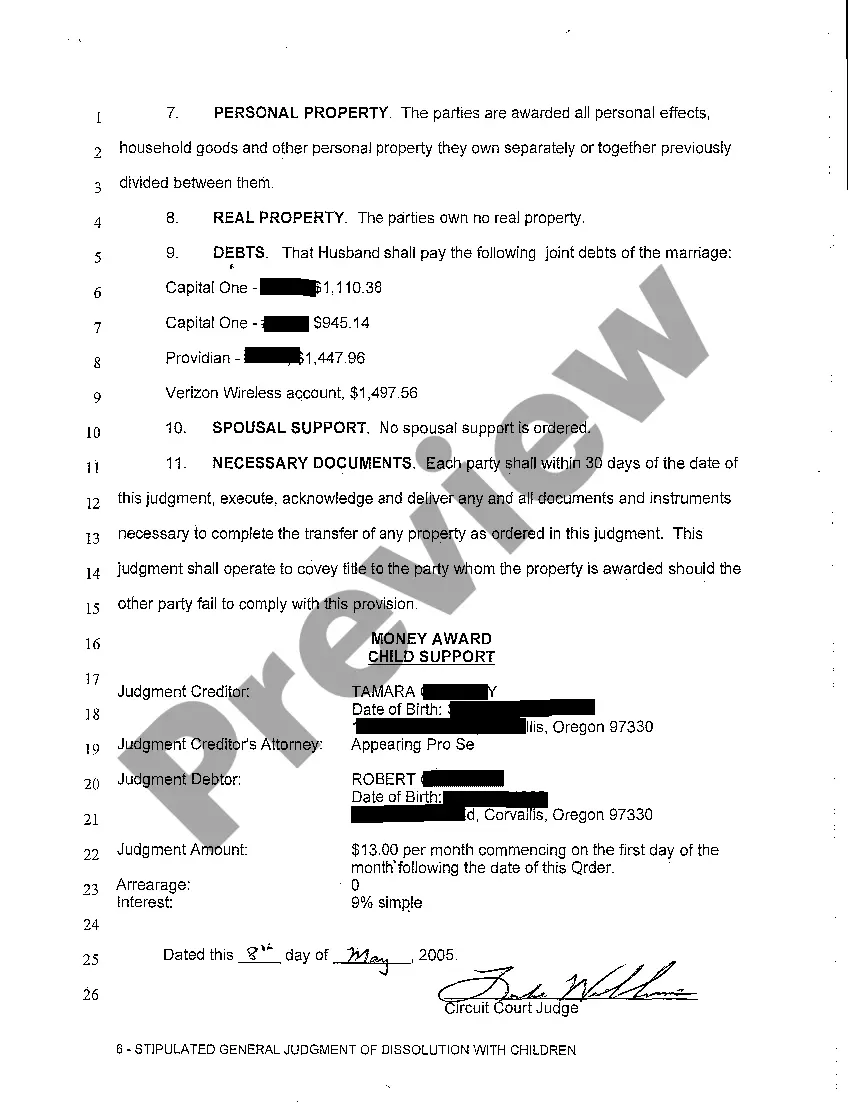 Preview A14 Stipulated General Judgment of Dissolution of Marriage with Children