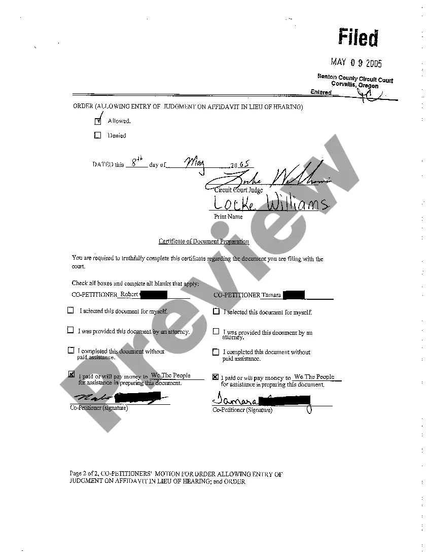 Preview A11 Co-Petitioner's Motion for Order Allowing Entry of Judgment on Affidavit in Lieu of Hearing and Order