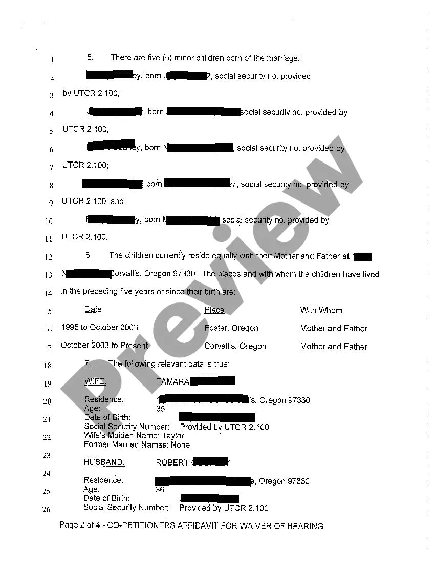 Preview A10 Co-Petitioner's Affidavit Supporting Judgment of Dissolution and Waiver of Hearing