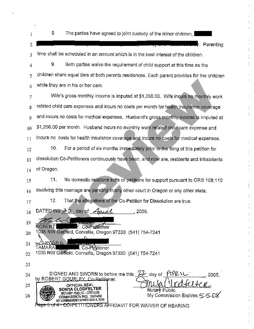 Preview A10 Co-Petitioner's Affidavit Supporting Judgment of Dissolution and Waiver of Hearing