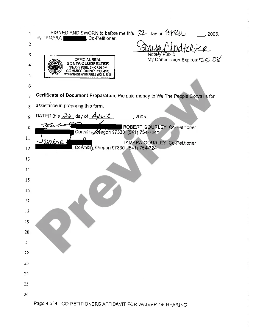 Preview A10 Co-Petitioner's Affidavit Supporting Judgment of Dissolution and Waiver of Hearing