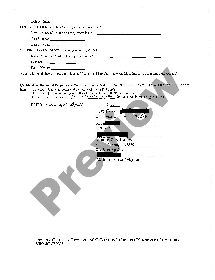 Preview A04 Certificate regarding Pending Child Support Proceedings and or Existing Child Support Orders Judgment