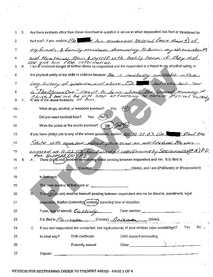 Preview A01 Petition for Restraining Order to Prevent Abuse