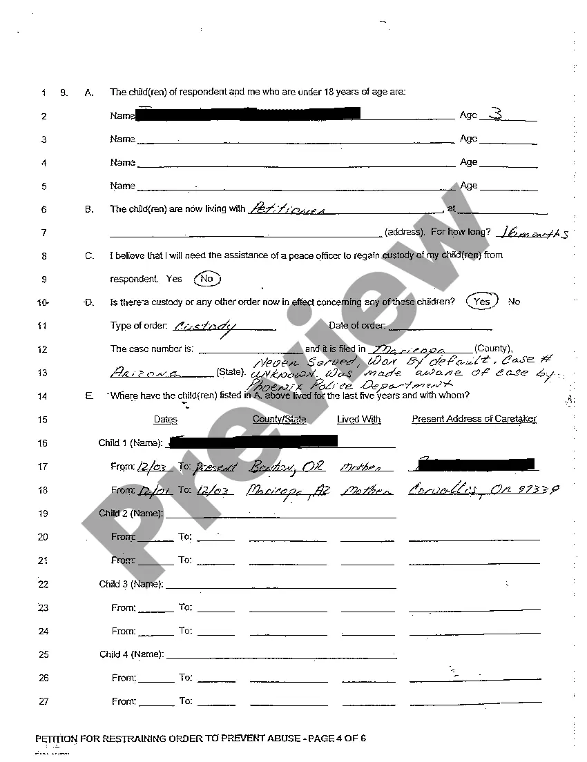 Preview A01 Petition for Restraining Order to Prevent Abuse