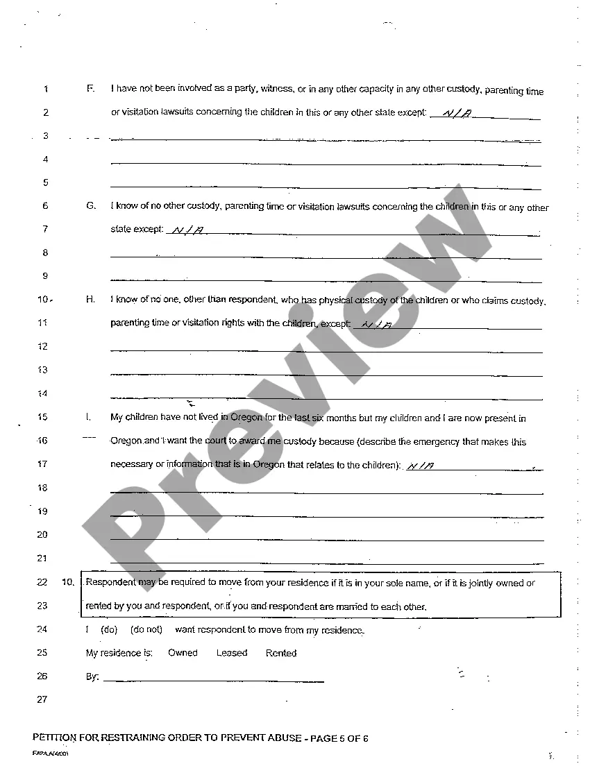Preview A01 Petition for Restraining Order to Prevent Abuse