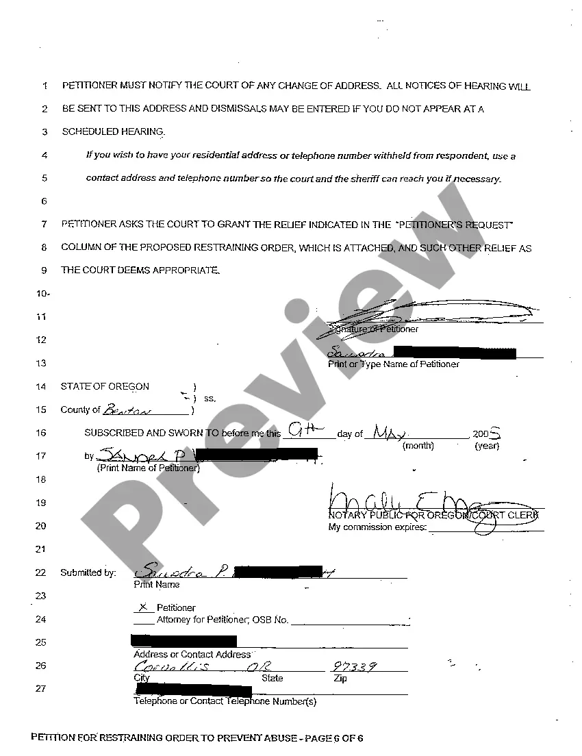Preview A01 Petition for Restraining Order to Prevent Abuse