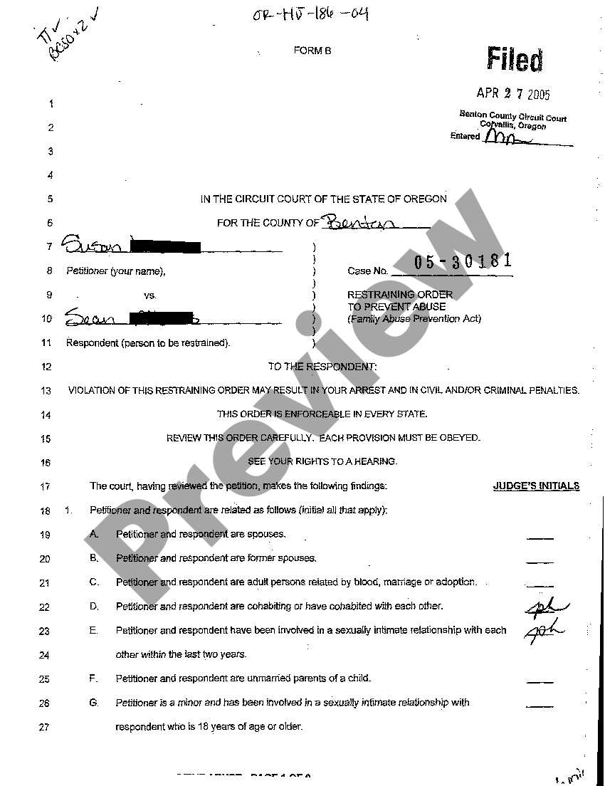 Oregon Restraining Order to Prevent Abuse US Legal Forms
