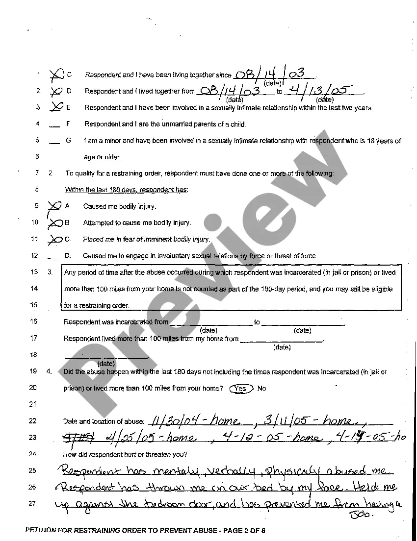 Preview A01 Petition for Restraining Order to Prevent Abuse