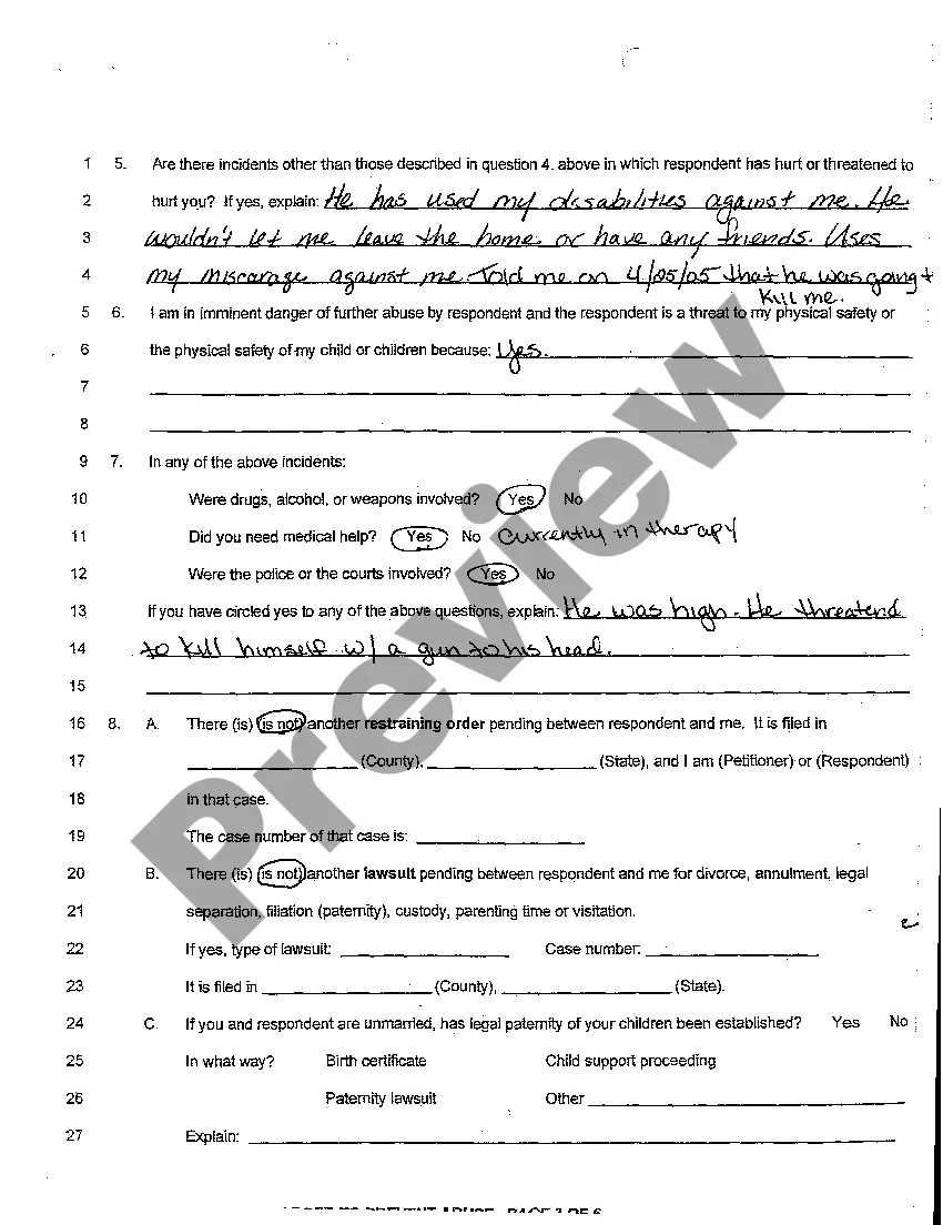 Preview A01 Petition for Restraining Order to Prevent Abuse