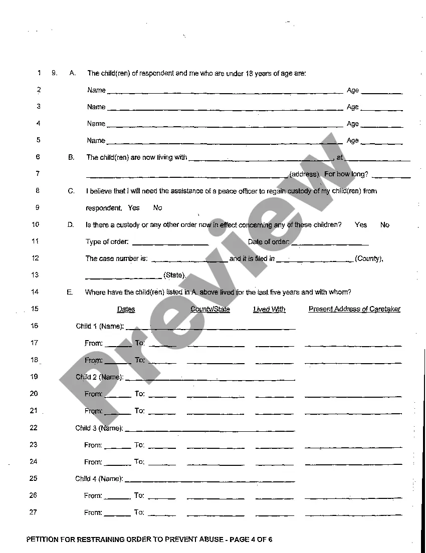 Preview A01 Petition for Restraining Order to Prevent Abuse