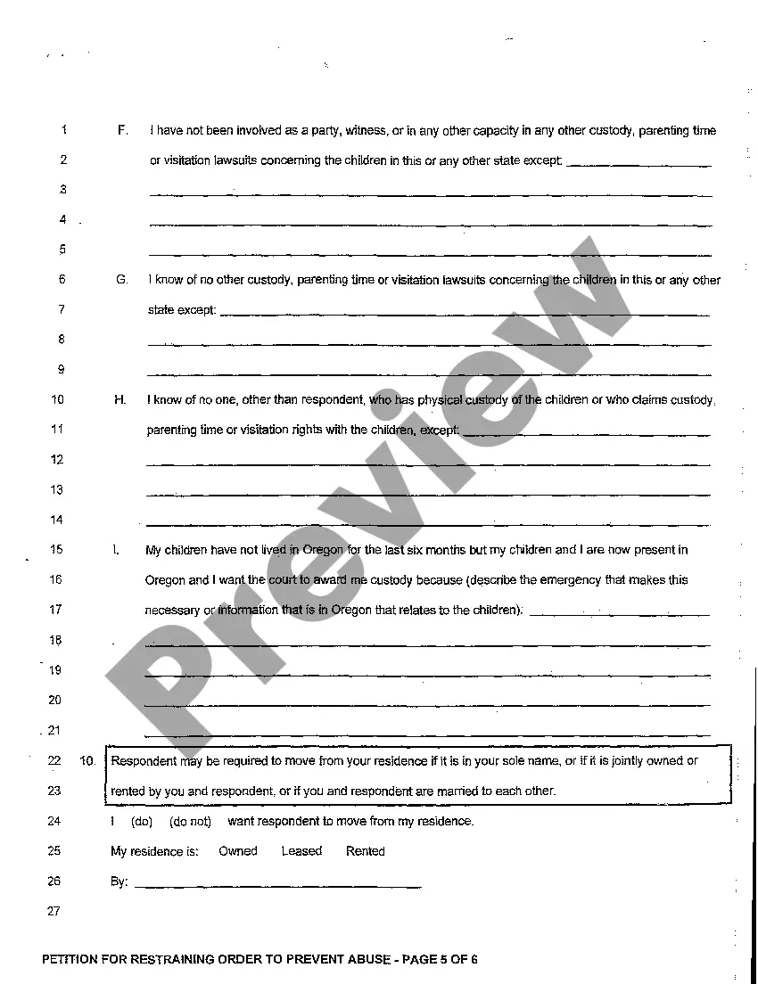 Preview A01 Petition for Restraining Order to Prevent Abuse