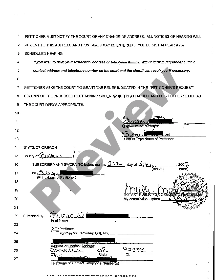 Preview A01 Petition for Restraining Order to Prevent Abuse
