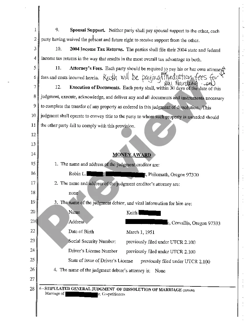 Get A05 Stipulated General Judgment of Dissolution of Marriage and Money Award Preview A05 Stipulated General Judgment of Dissolution of Marriage and Money Award