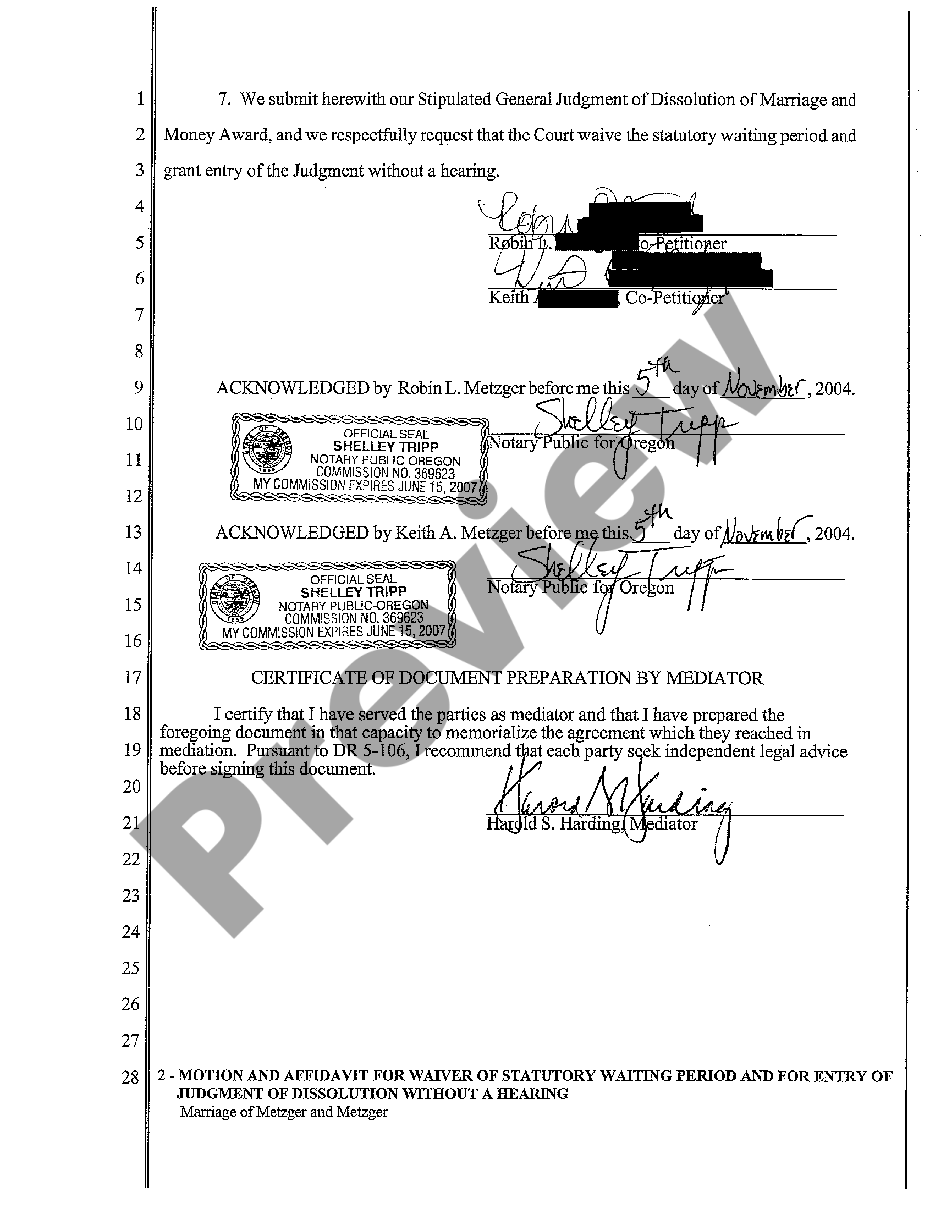 Oregon Motion and Affidavit for Waiver of Statutory Waiting Period and ...