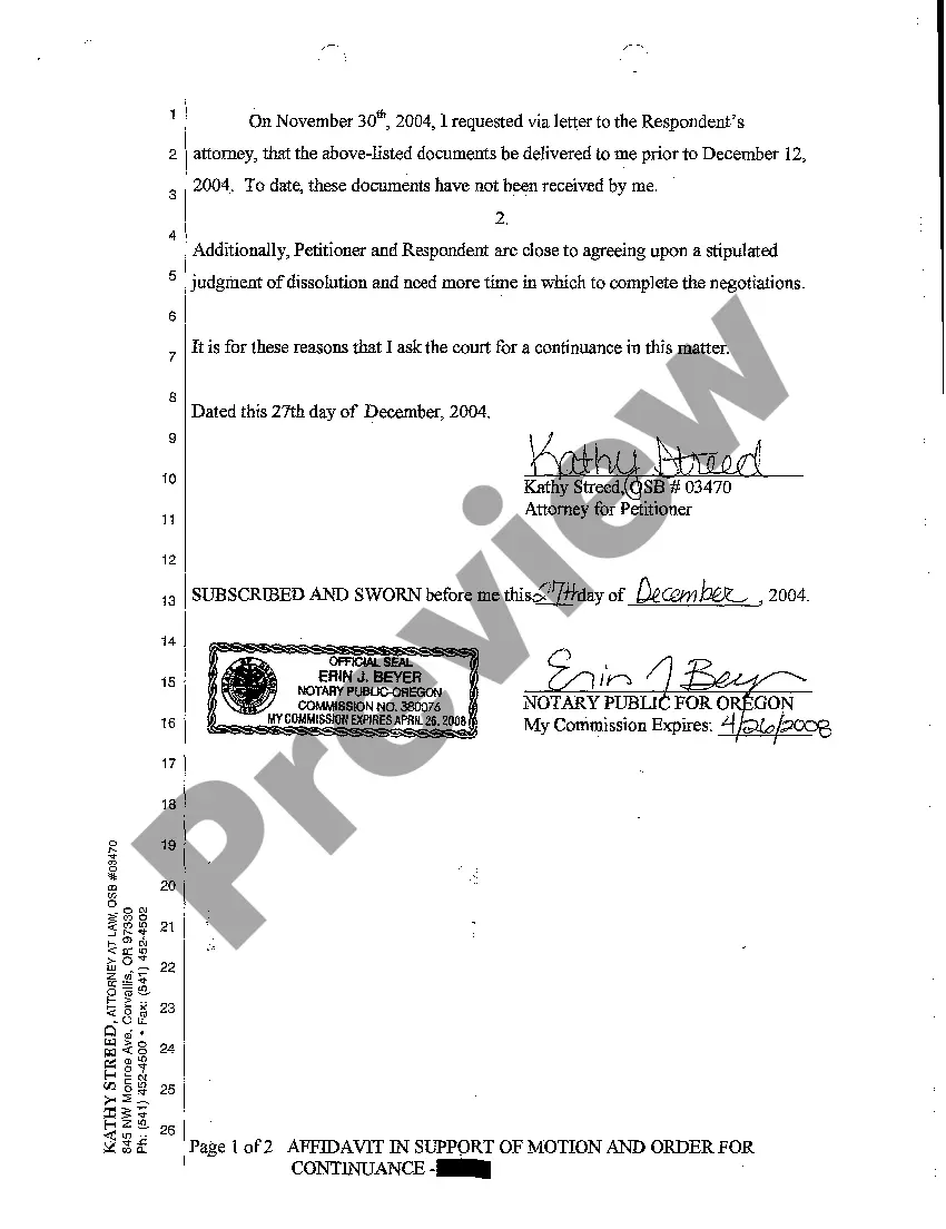 Preview A11 Petitioner's Affidavit in Support of Motion and Order for Continuance